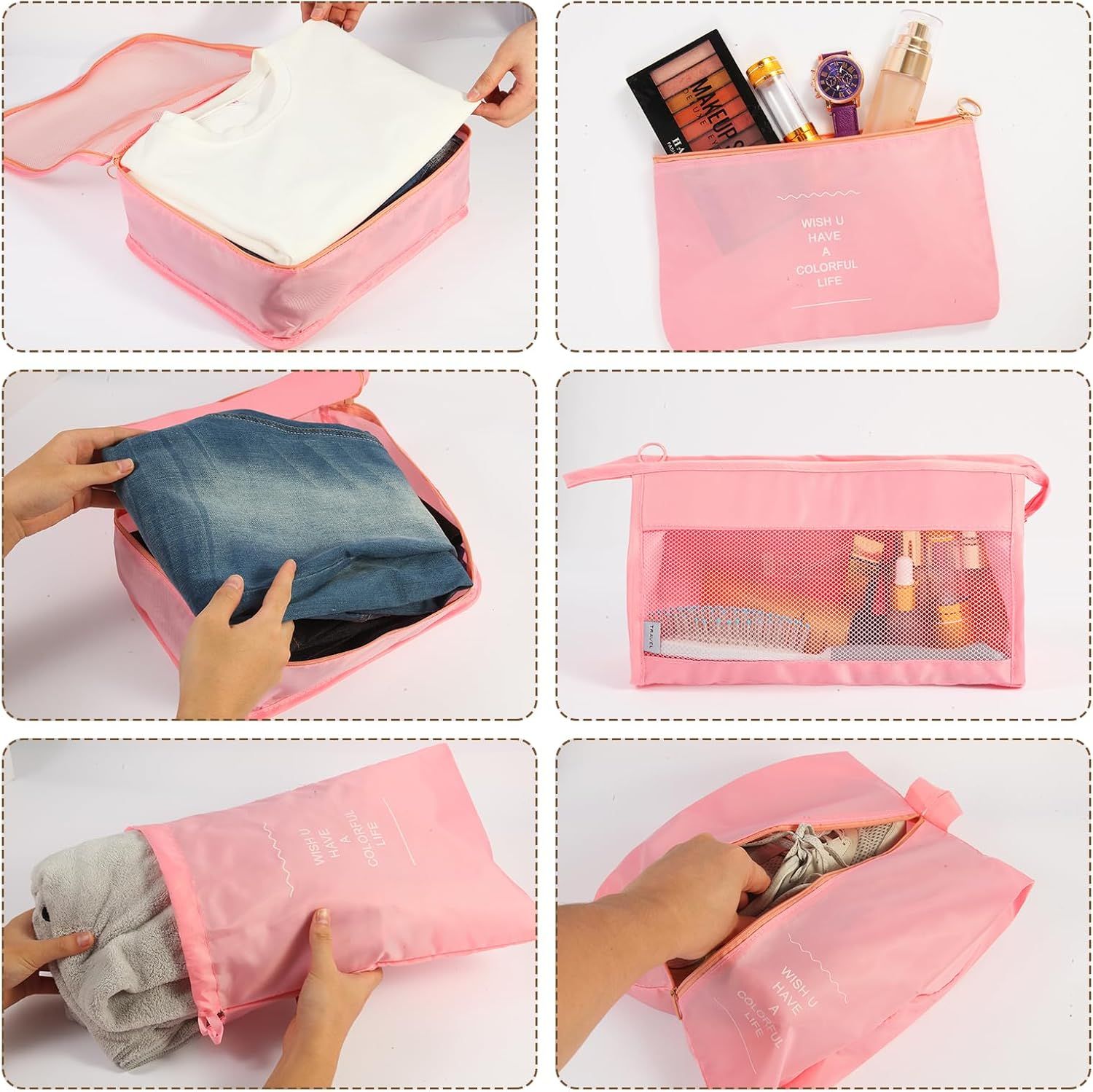 7 Piece Travel Packing Cube Set with Lightweight Waterproof Nylon Organisers for Carry-On Luggage, Holidays and Business Trips, Pink
