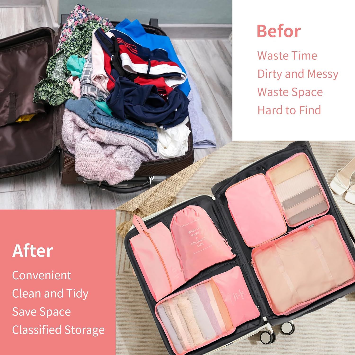 7 Piece Travel Packing Cube Set with Lightweight Waterproof Nylon Organisers for Carry-On Luggage, Holidays and Business Trips, Pink