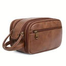 Large PU Leather Toiletry Bag with Dual Zip Compartments and Carry Handle for Travel, Cosmetics and Grooming, Brown, 26 x 15 x 16 cm