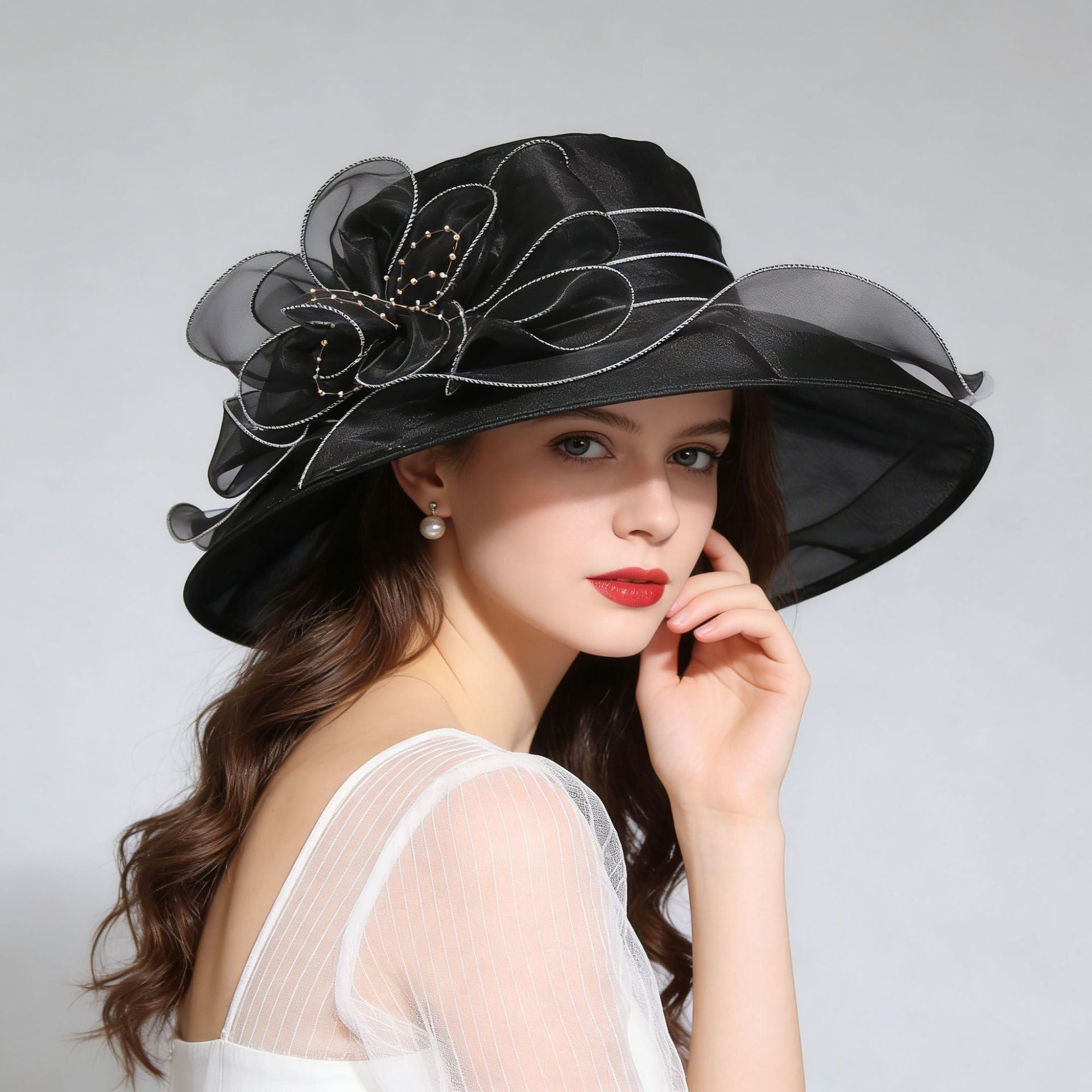 Women's Foldable Organza Wide Brim Sun Hat with Breathable Mesh Design for Beach, Travel and Garden Wear, Khaki, 56-58 cm