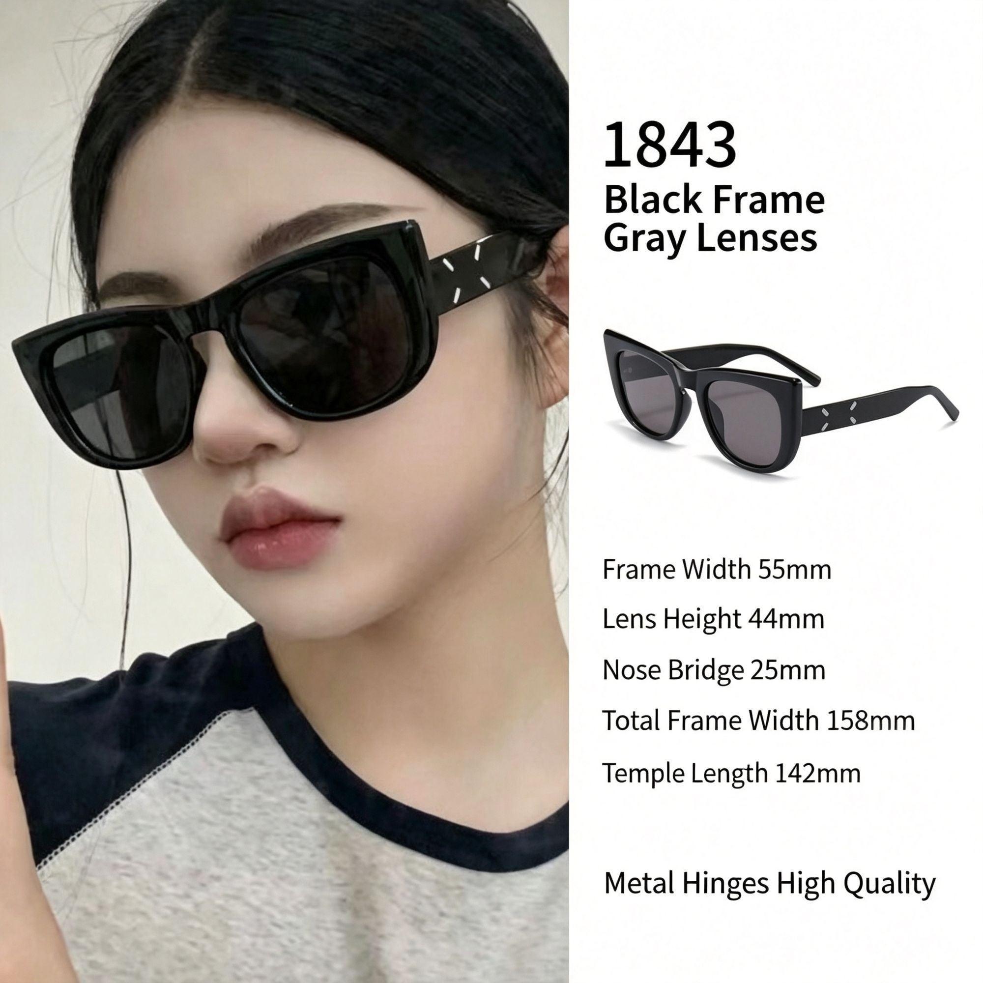 Daily Basic Black Frame Grey Lens Cat Eye Sunglasses UV400, No-Fuss Easy Match Everyday Staple, Popular Christmas Holiday Gift