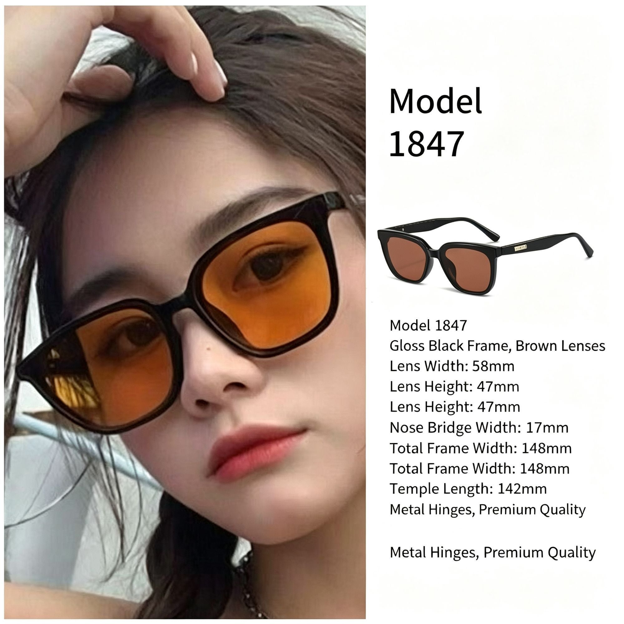 Glossy Black Frame Brown Lens Cat Eye Sunglasses UV400 Protection, Polished Retro Premium Look, Great Christmas Present