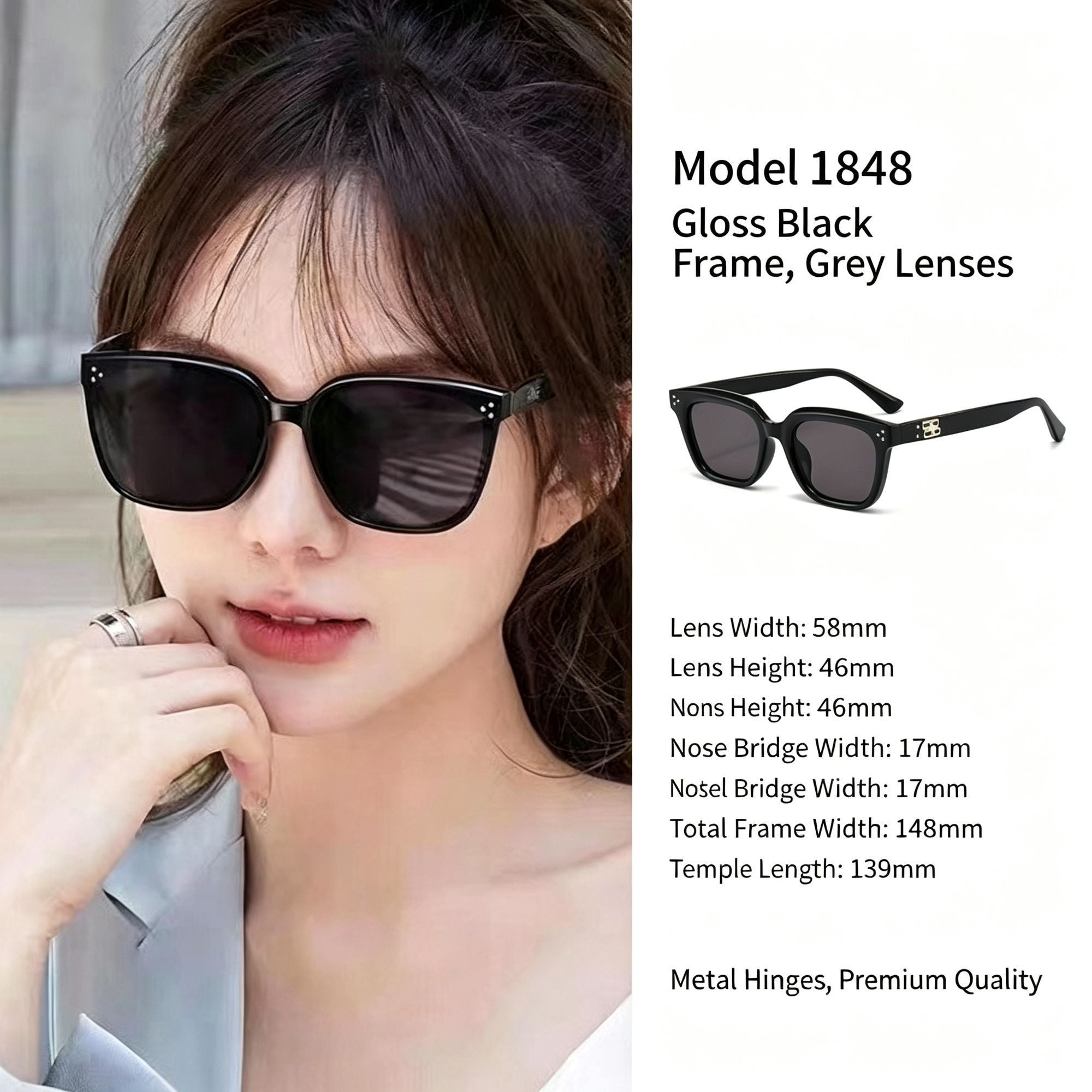 Glossy Jet Black Frame Grey Lens Cat Eye Sunglasses UV400, Sleek Polished All-Match Everyday Wear, Suitable for Christmas Gifting