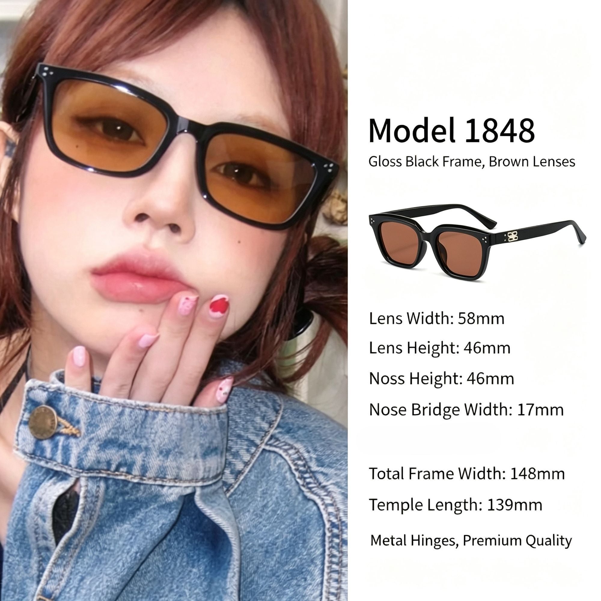Glossy Black Frame Brown Lens Cat Eye Sunglasses UV400 Blocking, Premium Retro Hong Kong Flair, Popular Christmas Holiday Gift
