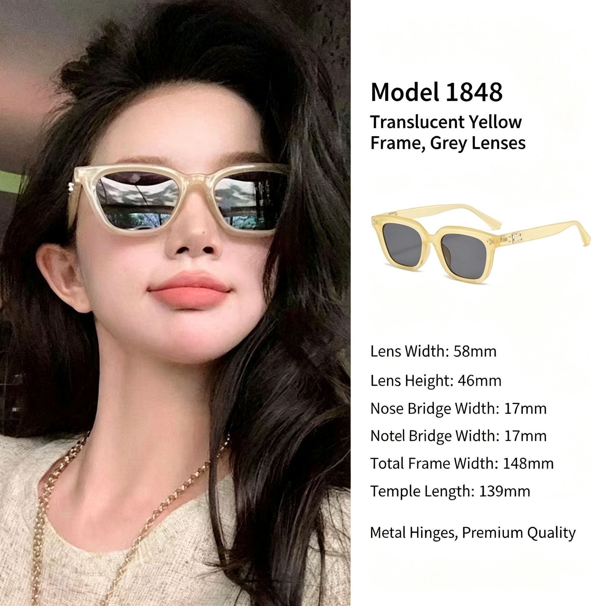 Sheer Yellow-Tint Grey Lens Cat Eye Sunglasses UV400, Soft Warm No-Makeup Friendly Vibe, Perfect Christmas Gift