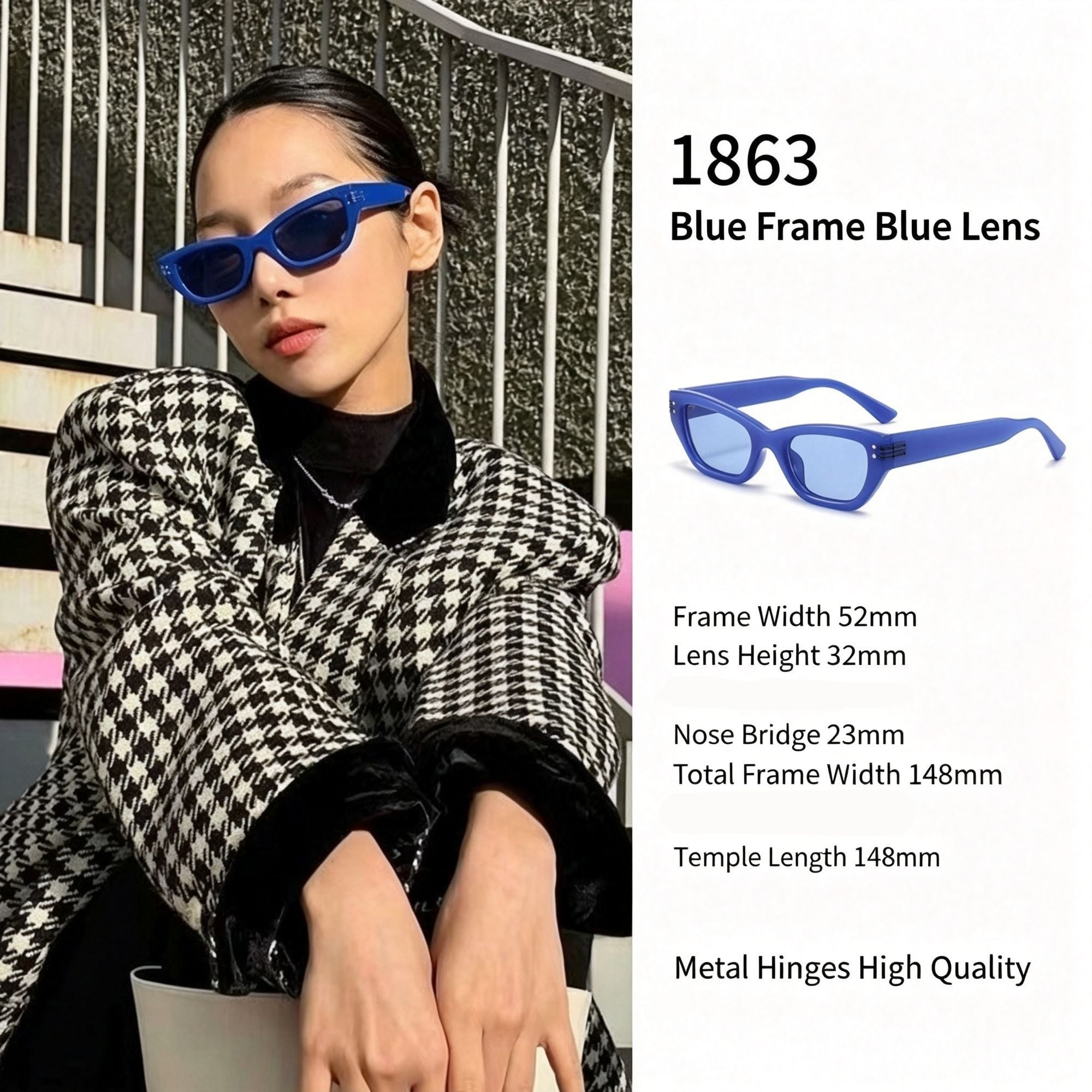 Cool Monochrome Blue Frame Blue Lens Cat Eye Sunglasses UV400 Blocking, Modern Futuristic Minimalist Style, for Christmas Gifting