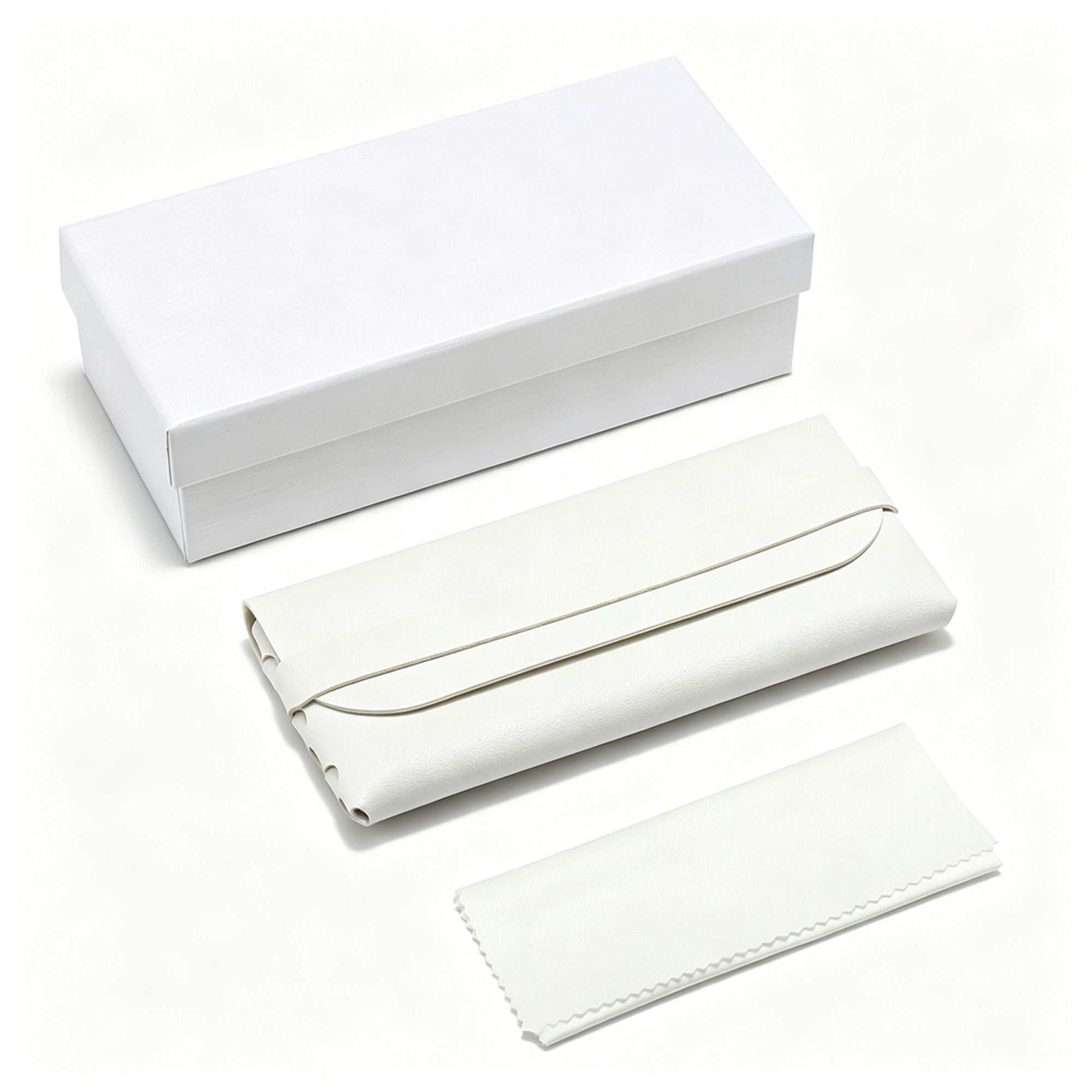 3-Piece White Eyewear Accessory Kit, Premium Gift Box + Protective Pouch + Lens Cloth, Neat Glasses Storage Solution, Great Christmas Present
