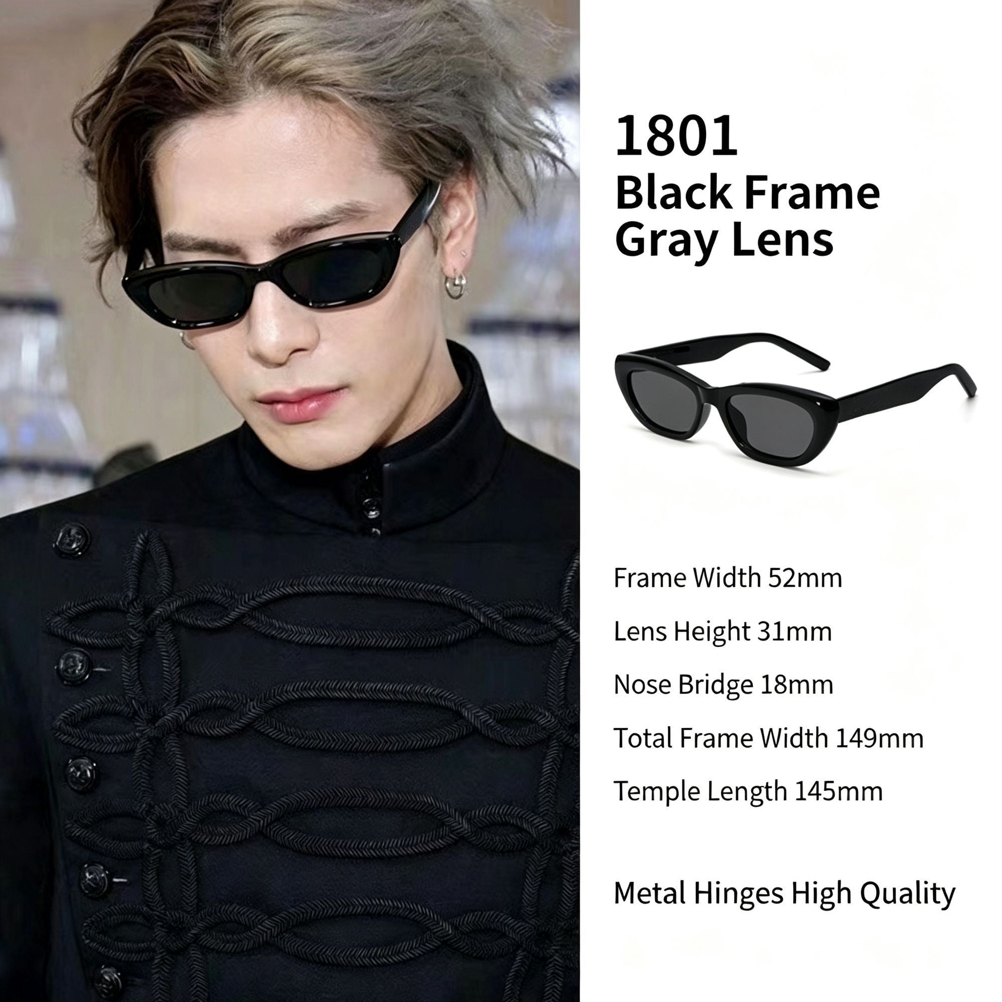 Bold All Black Frame Dark Grey Lens Cat Eye Sunglasses UV400 Blocking, Sleek Face-Slimming Street Style, Great Christmas Present