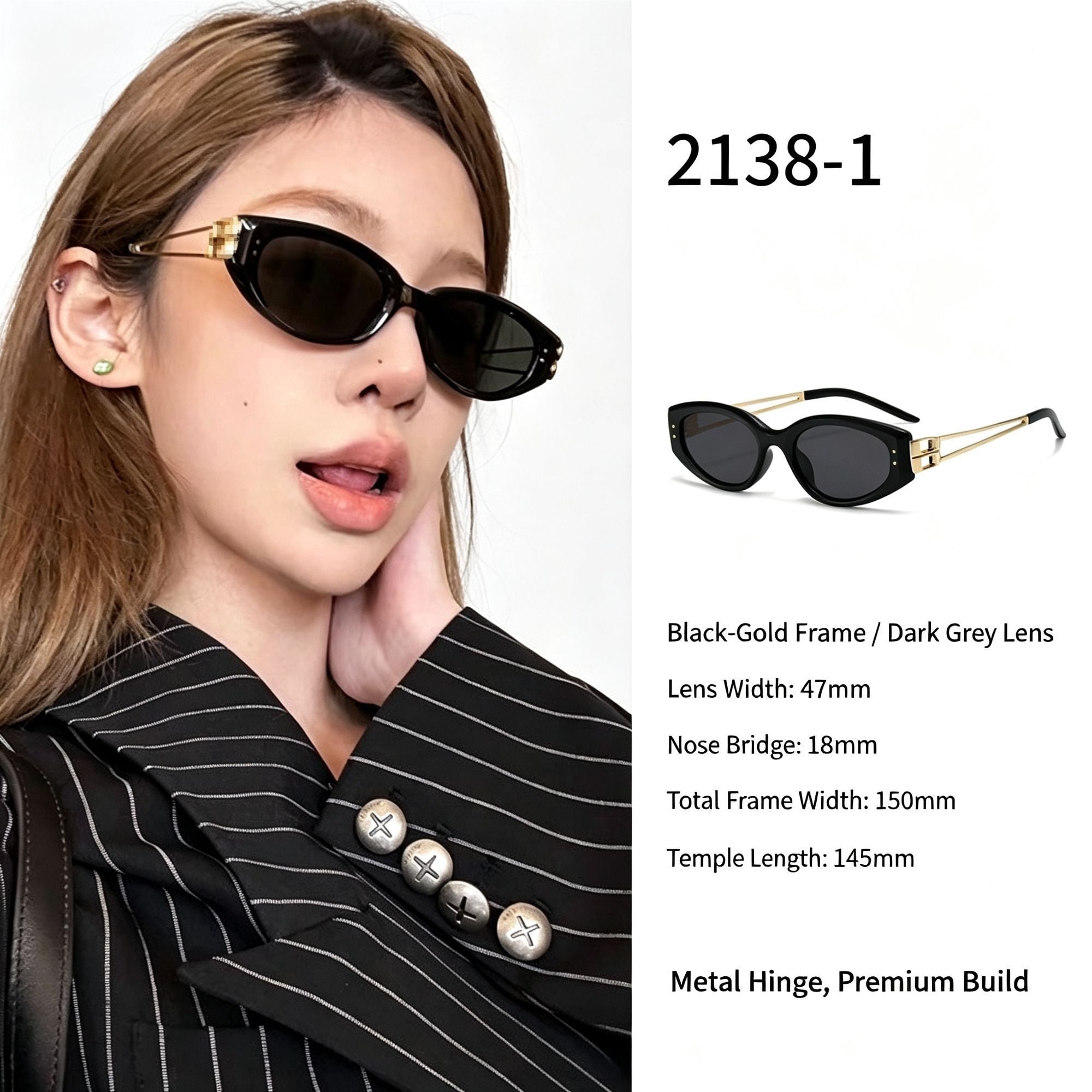 Black Gold Frame Grey Lens Cat Eye Sunglasses UV400 Protection, Edgy Two-Tone Streetwear Vibe, Suitable for Christmas Gifting