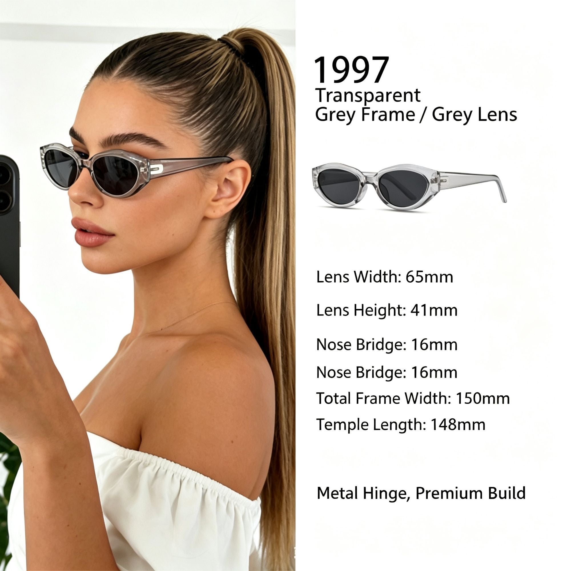 Sheer Grey Frame Grey Lens Cat Eye Sunglasses UV400 Blocking, Minimalist Lightweight Daily Wear, Popular Christmas Holiday Gift