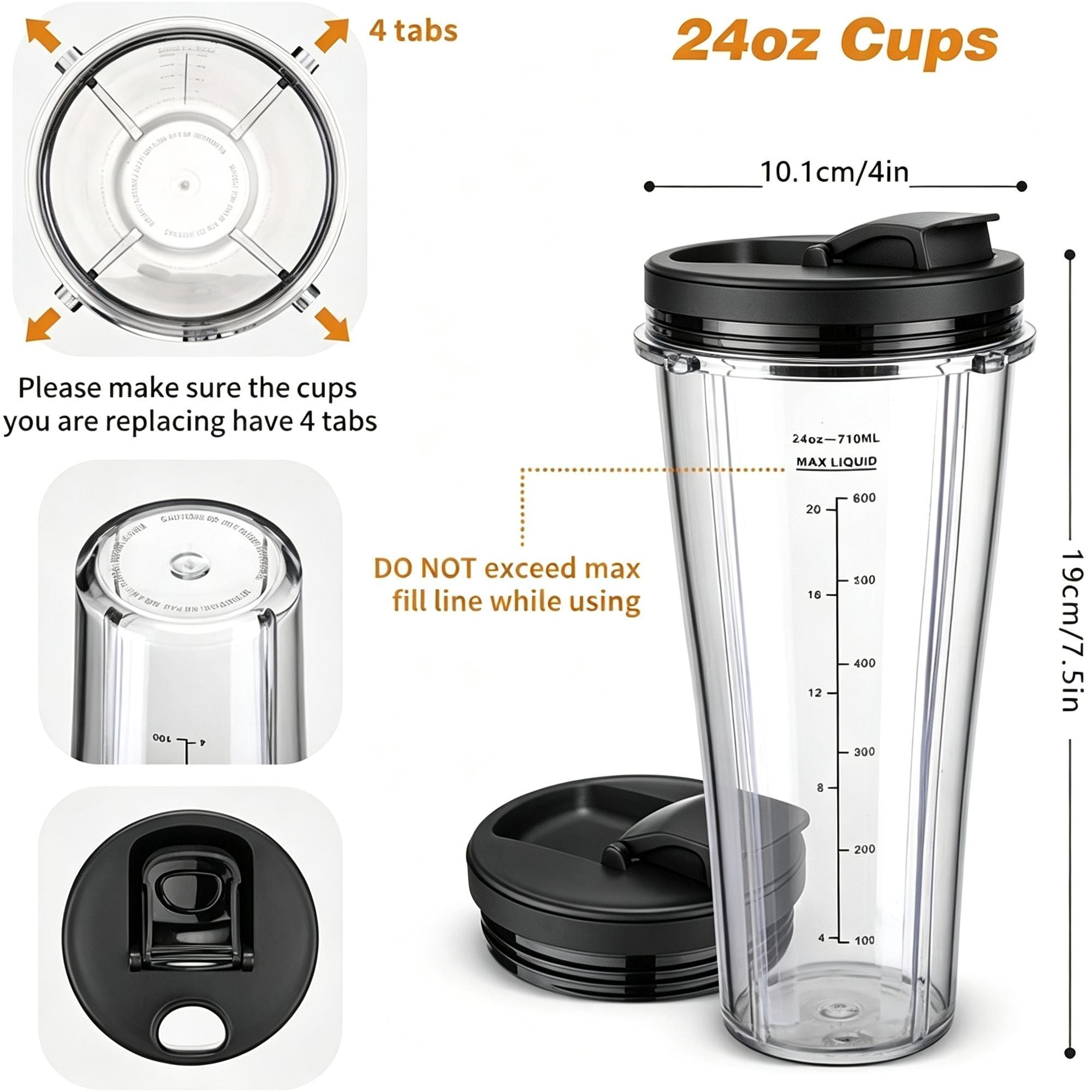 Replacement Ninja Blender Cup Compatible with 32oz 24oz 18oz BL480 BL482,2Pcs 18oz Blender Cups & 2Pcs Flip鈥慣op Lids,Halloween Kitchen Replacement Parts Gift