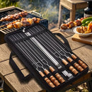 Upgraded Stainless Steel BBQ Skewers Set with Thickened Heat-Resistant Beech Wood Handles, U-Shaped & Spiral Dual Styles for Anti-Slip Meat-Locking, Comes with Oxford Bag for Portable Storage, Essential for Outdoor Grilling & Camping.