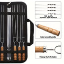 Upgraded Stainless Steel BBQ Skewers Set with Thickened Heat-Resistant Beech Wood Handles, U-Shaped & Spiral Dual Styles for Anti-Slip Meat-Locking, Comes with Oxford Bag for Portable Storage, Essential for Outdoor Grilling & Camping.