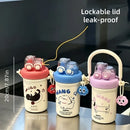 Cute Cartoon Dual Drinking Tumbler, 304 Stainless Steel, Straw & Direct Drink Leak-Proof, with Adjustable Strap & Cute Doll, Portable & Trendy, Thoughtful Gift for Family & Friends!(red)