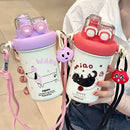 Cute Cartoon Dual Drinking Tumbler, 304 Stainless Steel, Straw & Direct Drink Leak-Proof, with Adjustable Strap & Cute Doll, Portable & Trendy, Thoughtful Gift for Family & Friends!(red)