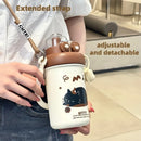 Cute Cartoon Dual Drinking Tumbler, 304 Stainless Steel, Straw & Direct Drink Leak-Proof, with Adjustable Strap & Cute Doll, Portable & Trendy, Thoughtful Gift for Family & Friends!(coffee)
