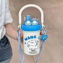 Cute Cartoon Dual Drinking Tumbler, 304 Stainless Steel, Straw & Direct Drink Leak-Proof, with Adjustable Strap & Cute Doll, Portable & Trendy, Thoughtful Gift for Family & Friends!(coffee)