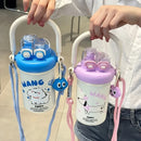 Cute Cartoon Dual Drinking Tumbler, 304 Stainless Steel, Straw & Direct Drink Leak-Proof, with Adjustable Strap & Cute Doll, Portable & Trendy, Thoughtful Gift for Family & Friends!(blue)