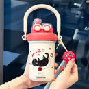 Cute Cartoon Dual Drinking Tumbler, 304 Stainless Steel, Straw & Direct Drink Leak-Proof, with Adjustable Strap & Cute Doll, Portable & Trendy, Thoughtful Gift for Family & Friends!(blue)