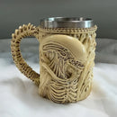 Alien-Themed 3D Mug, Resin Shell + 304 Stainless Steel Liner, Spine-Shaped Handle Dark Style, Halloween Living Room Decor, Sci-Fi Fan Gift!(beige)