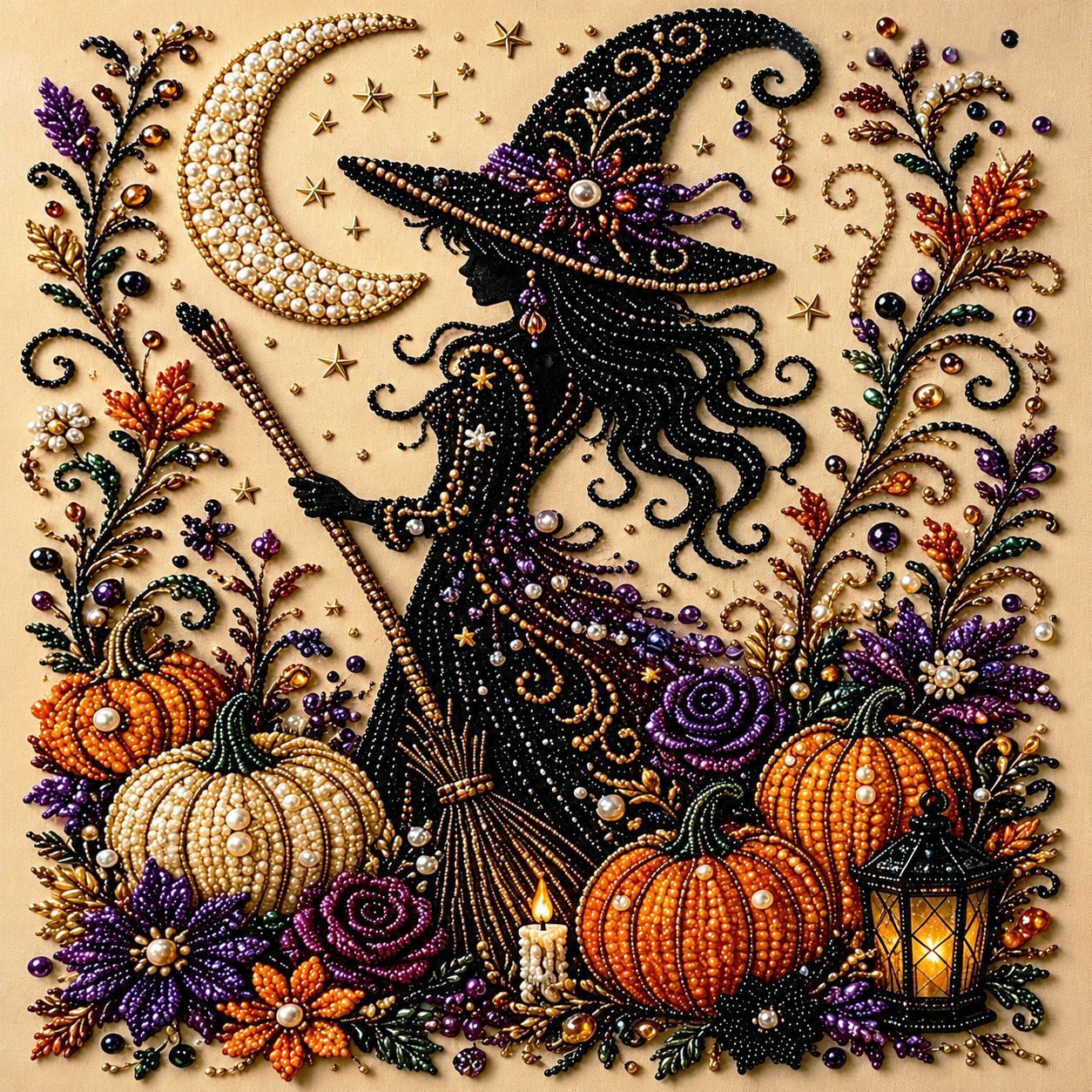 DIY Halloween Diamond Painting Art Kit, Highland Cow Ghost Pumpkin Pearl Bead Painting 20×20cm, Pre‑Stretched Canvas Frame, Plastic Sealed Package with Complete Tool Accessories