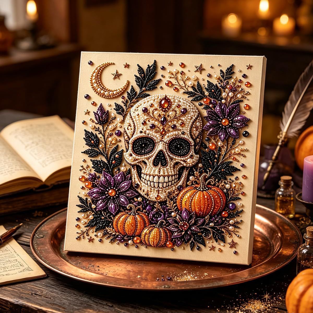 DIY Halloween Diamond Painting Art Kit, Highland Cow Ghost Pumpkin Pearl Bead Painting 20×20cm, Pre‑Stretched Canvas Frame, Plastic Sealed Package with Complete Tool Accessories