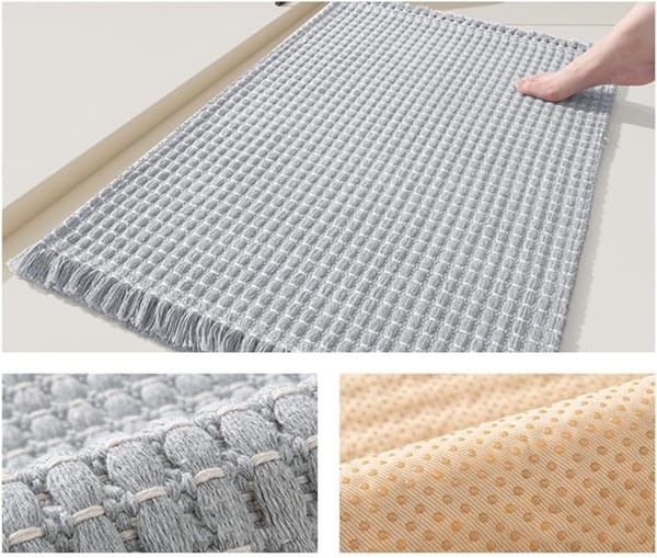 Soft Microfiber Farmhouse Bathroom Rug, Washable Kitchen Floor Mat, Woven Non‑Slip Bath Mat with Pure Tassels, Plush Woven Bathroom Carpet, Door Mat for Laundry Room, 20" x 32", Beige