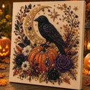 DIY Halloween Raven Pumpkin Diamond Painting Kit, Pearl Bead Art 20×20cm, Pre‑Stretched Inner Frame, Plastic Sealed Package with Full Set Craft Tools