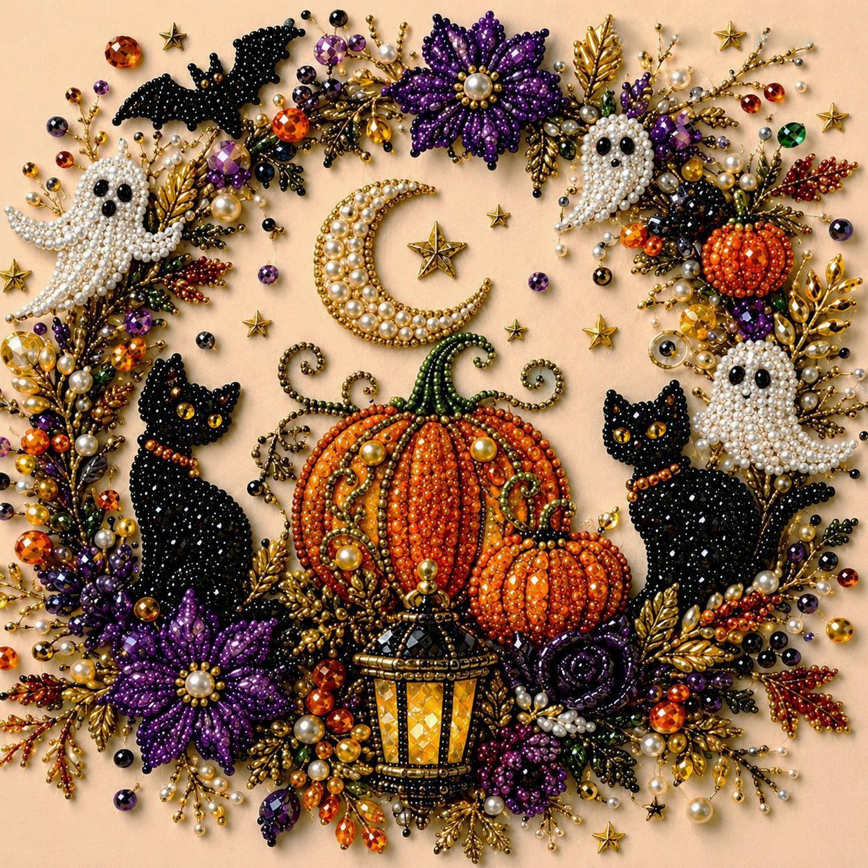 DIY Halloween Wreath‑Style Black Cat Diamond Painting Kit, Pearl Bead Art 20×20cm, Pre‑Stretched Inner Frame, Plastic Sealed Package with Full Set Craft Tools