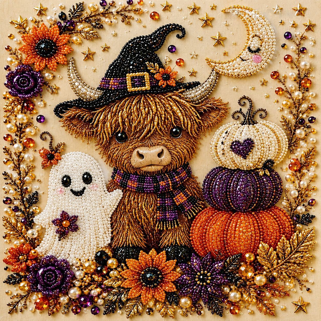 DIY Halloween Wreath‑Style Black Cat Diamond Painting Kit, Pearl Bead Art 20×20cm, Pre‑Stretched Inner Frame, Plastic Sealed Package with Full Set Craft Tools