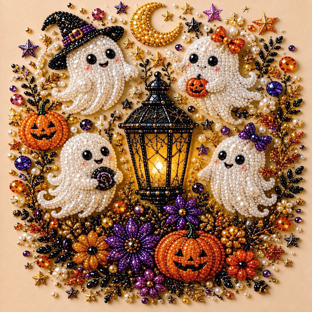DIY Halloween Witch Pumpkin Diamond Painting Kit, Pearl Bead Art 20×20cm, Pre‑Stretched Inner Frame, Plastic Sealed Package with Full Set Craft Tools