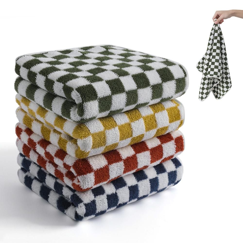 4 Piece Checkered Coral Fleece Towel Set Bath Face Towels - Yellow & Purple & Red & Blue