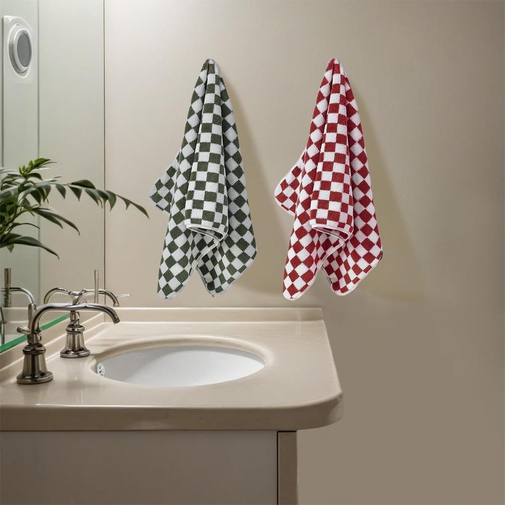 4 Piece Checkered Coral Fleece Towel Set Bath Face Towels - Green & Yellow & Red & Blue