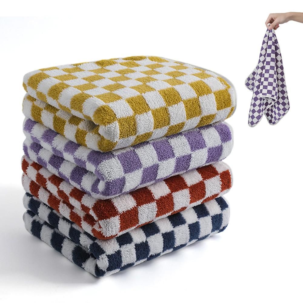 4 Piece Checkered Coral Fleece Towel Set Bath Face Towels - Green & Yellow & Red & Blue