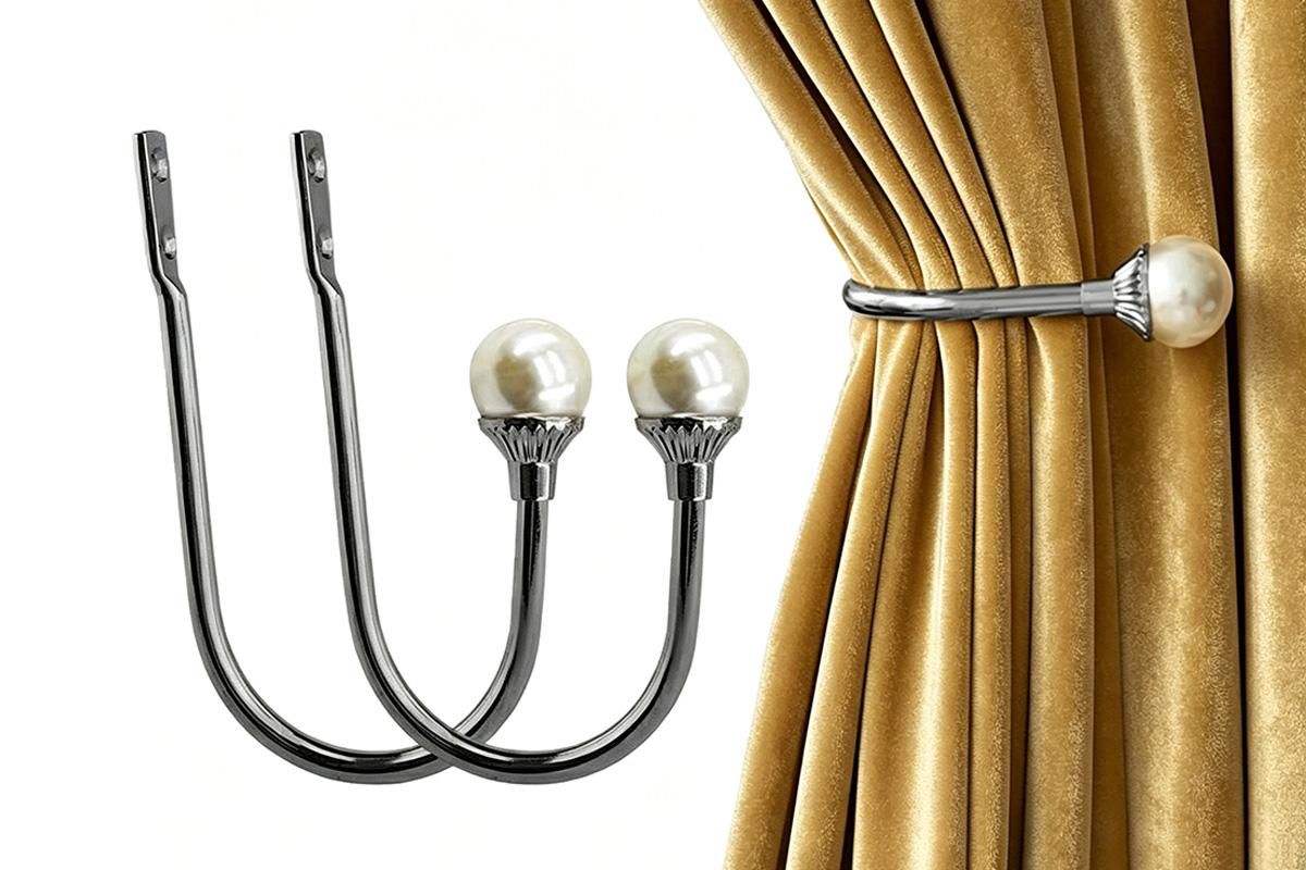 2Pcs U Shape Pearl Curtain Holdback Hooks with Screws - Black