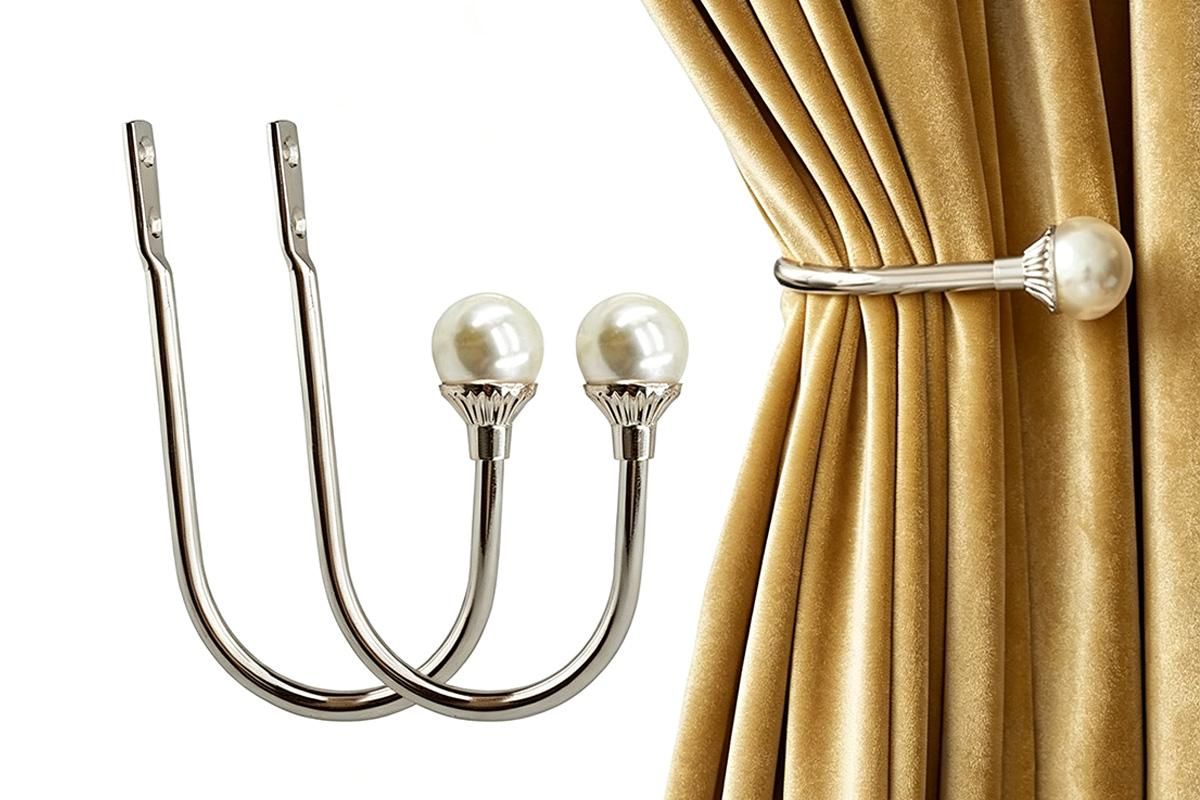 2Pcs U Shape Pearl Curtain Holdback Hooks with Screws - Black
