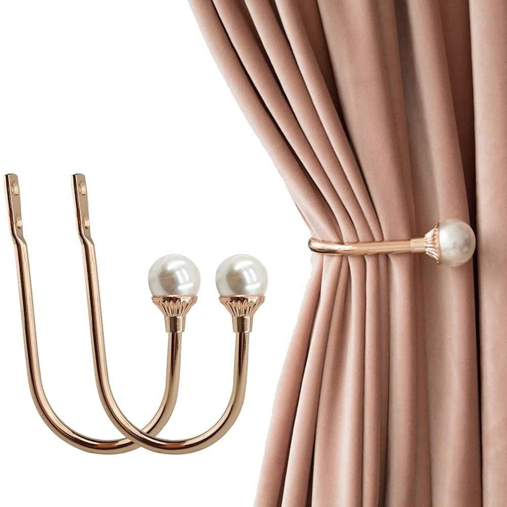 2Pcs U Shape Pearl Curtain Holdback Hooks with Screws - Gold