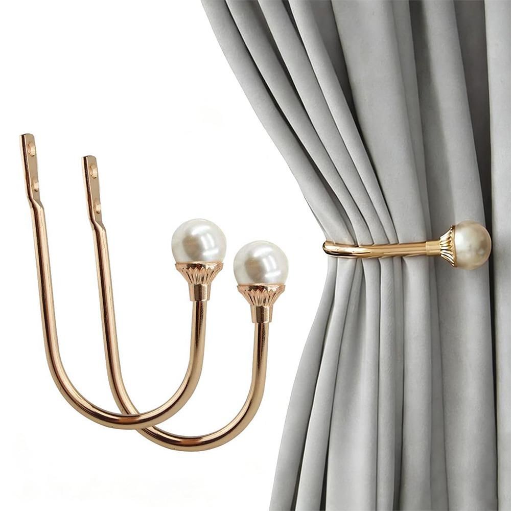 2Pcs U Shape Pearl Curtain Holdback Hooks with Screws - Gold