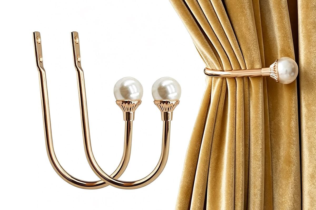 2Pcs U Shape Pearl Curtain Holdback Hooks with Screws - Gold
