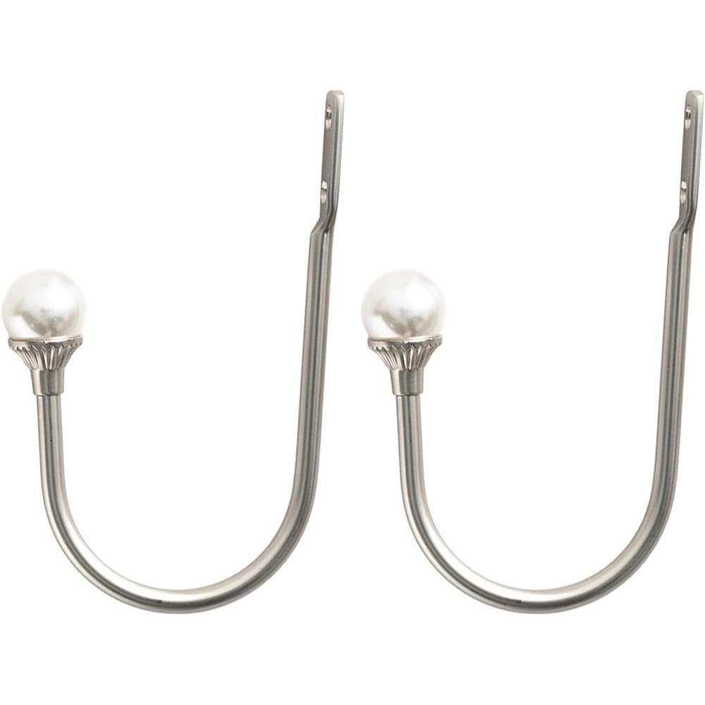 2Pcs U Shape Pearl Curtain Holdback Hooks with Screws - Silver