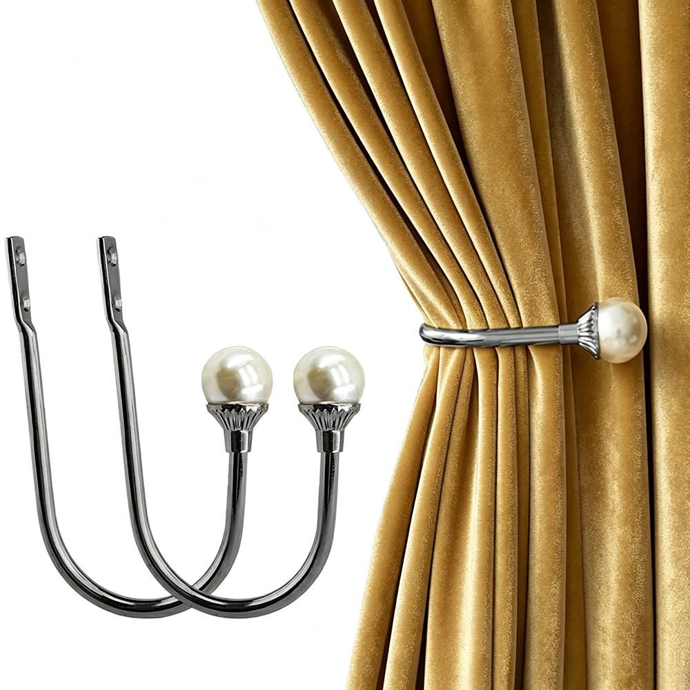 2Pcs U Shape Pearl Curtain Holdback Hooks with Screws - Silver