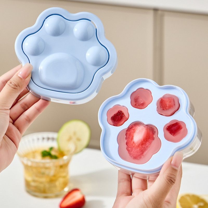Ice Cube Tray Easy-Release Ice Maker Mold with Lid, Cat Paw Shape—Blue
