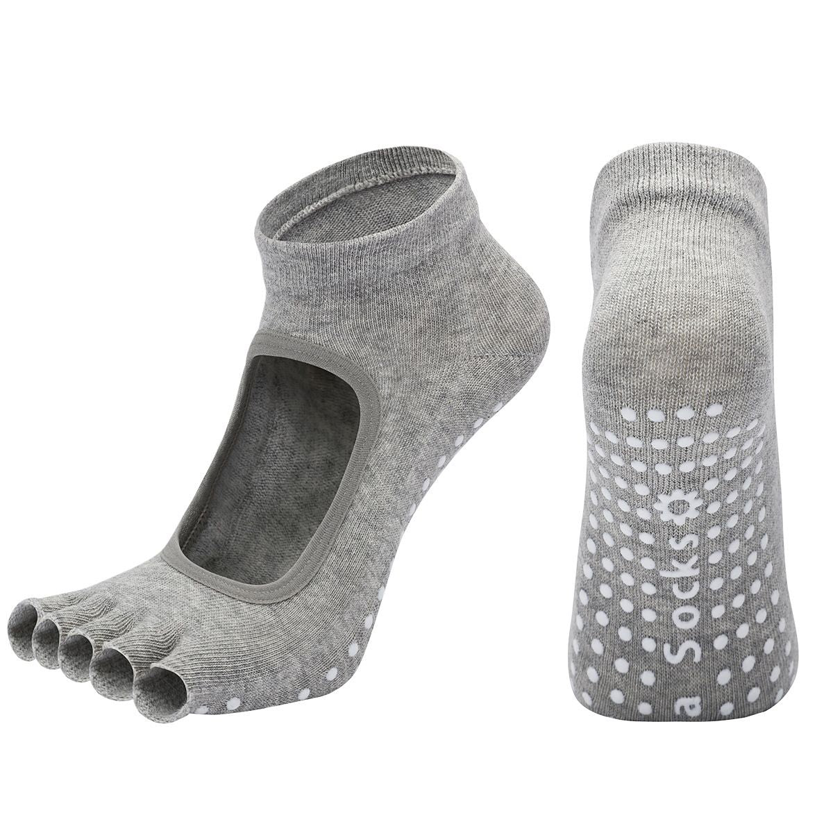 Women's Non Slip Yoga Socks Open Toe Five Finger Grip Socks Combed Cotton Pilates Dance Fitness Socks - Gray