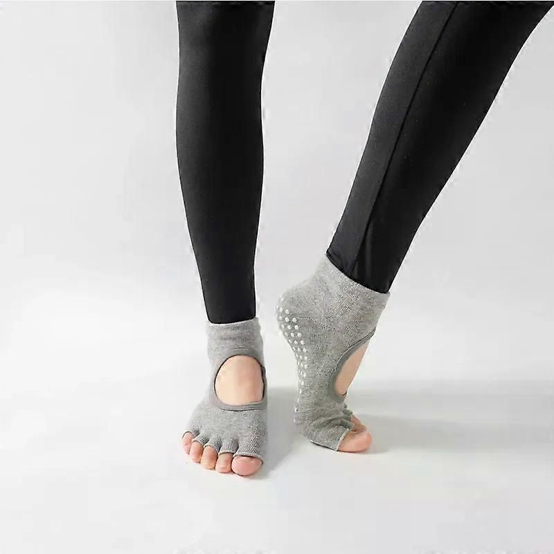 Women's Non Slip Yoga Socks Open Toe Five Finger Grip Socks Combed Cotton Pilates Dance Fitness Socks - Gray