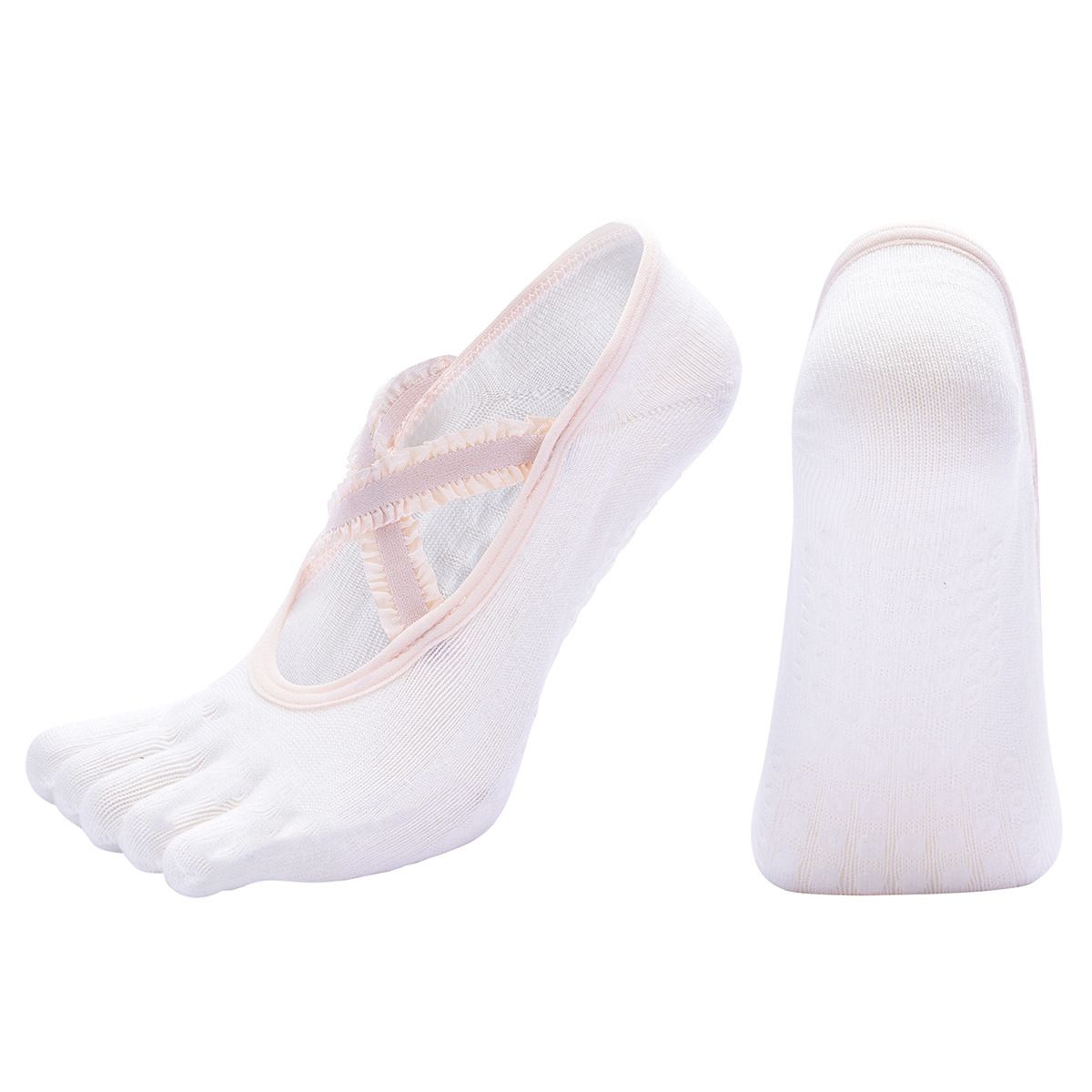 Women's Lace Trim Five Toe Yoga Socks Non Slip Grip Socks Pilates Dance Ballet Fitness Exercise Socks - White