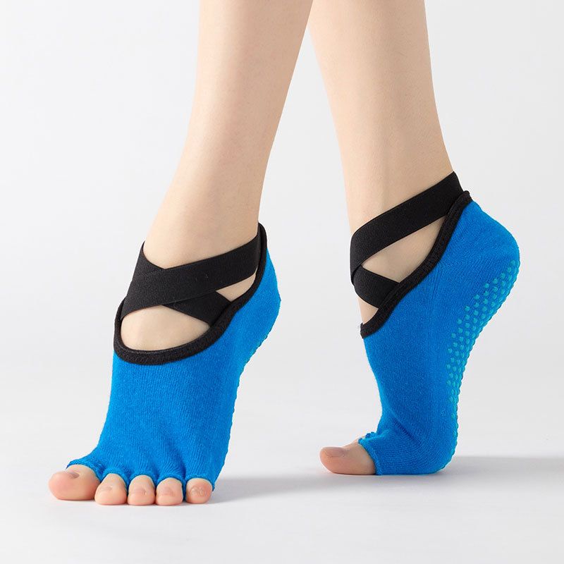 Women's Five Toe Yoga Socks Open Toe Non Slip Grip Socks Pilates Ballet Dance Fitness Exercise Socks Blue