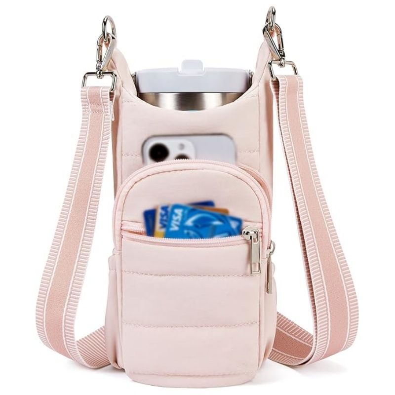Insulated Water Bottle Holder with Strap Crossbody Carrier Bag with Phone Pocket for Hiking - Pink
