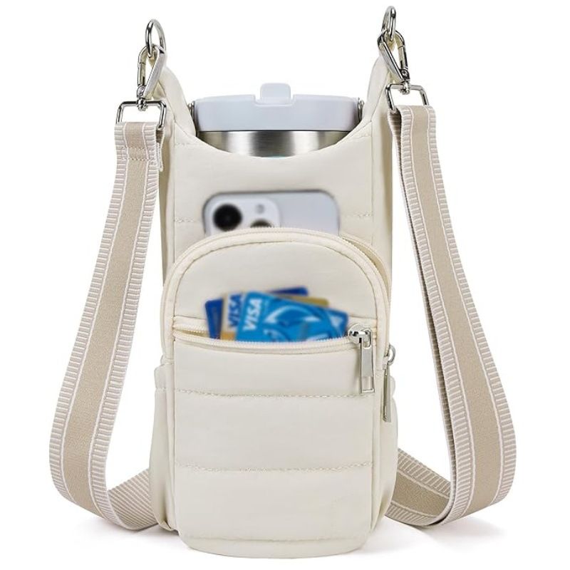 Insulated Water Bottle Holder with Strap Crossbody Carrier Bag with Phone Pocket for Hiking - Beige
