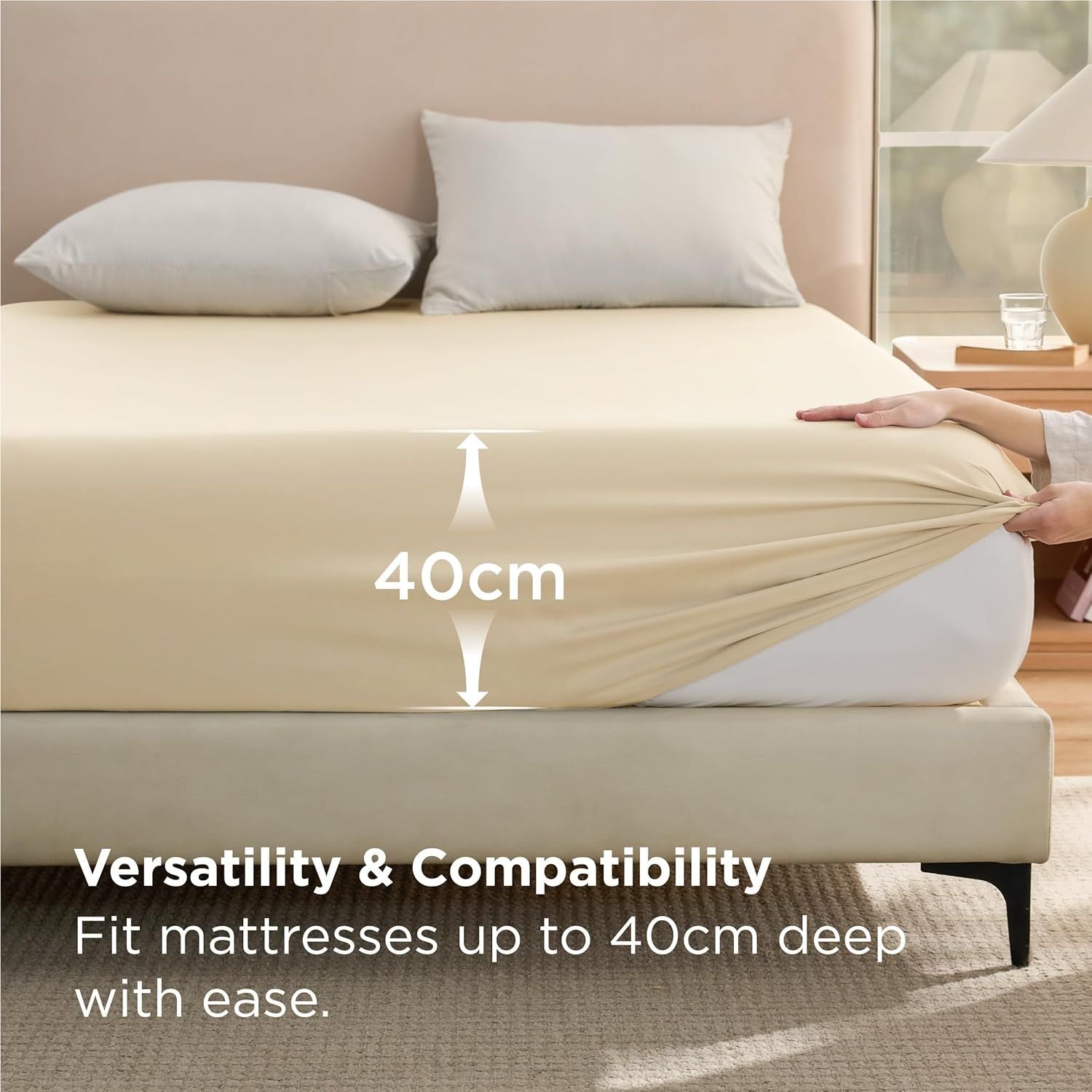 2000TC Hotel Quality Fitted Sheets - 2 Piece Fitted Sheets  -Breathable Bedding - Wrinkle, Fade, Stain Resistant- 16inch/40cm Deep Pocket Fitted Bed Sheets-Wrinkle and Fade Resistant,(Cream White,Double)