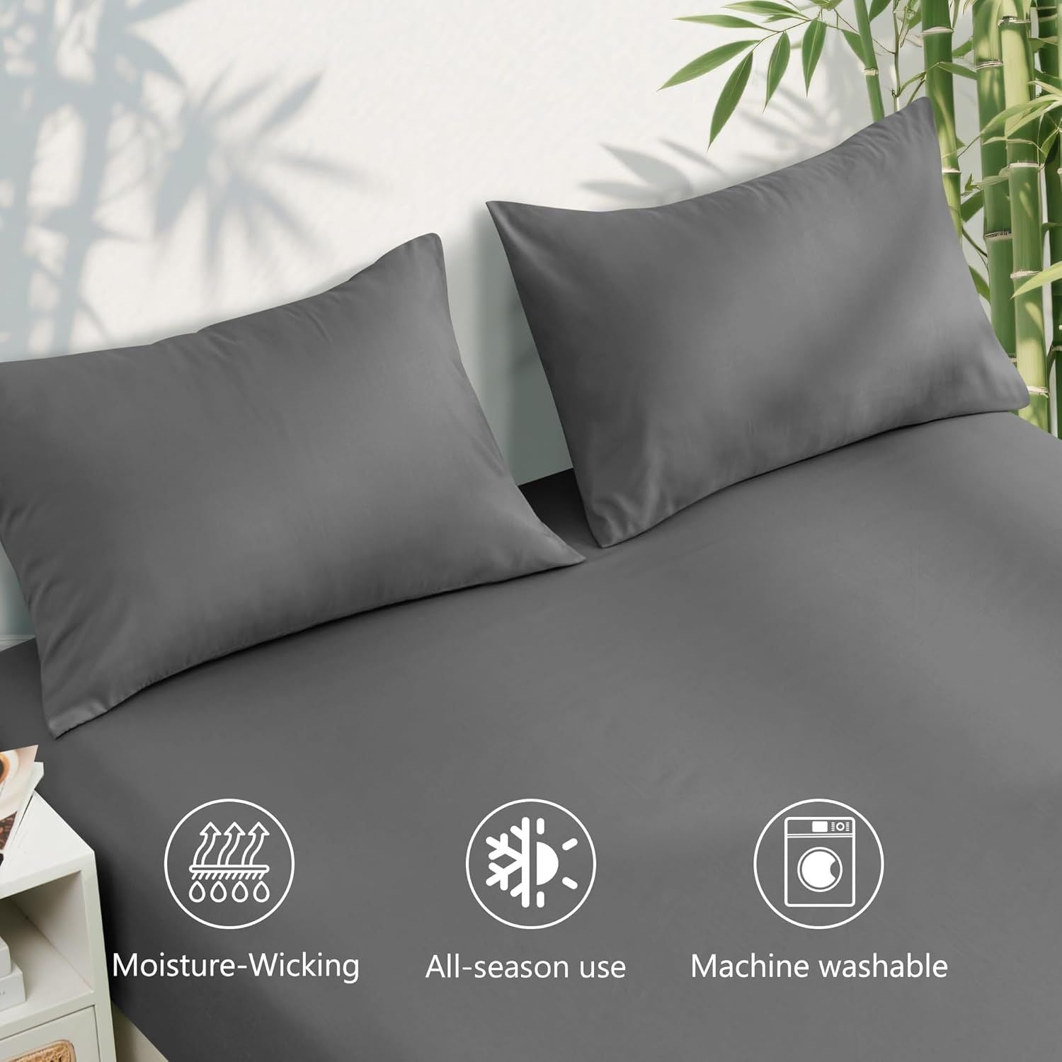Hotel Breathable Bamboo Fitted Sheet & Pillowcase-3 Piece-Ultra Soft 2000TC Breathable Fitted Bed Sheets Set with 37 Centimetre Deep Pocket-Cooling Sheets for Hot Sleepers(Grey,Double)